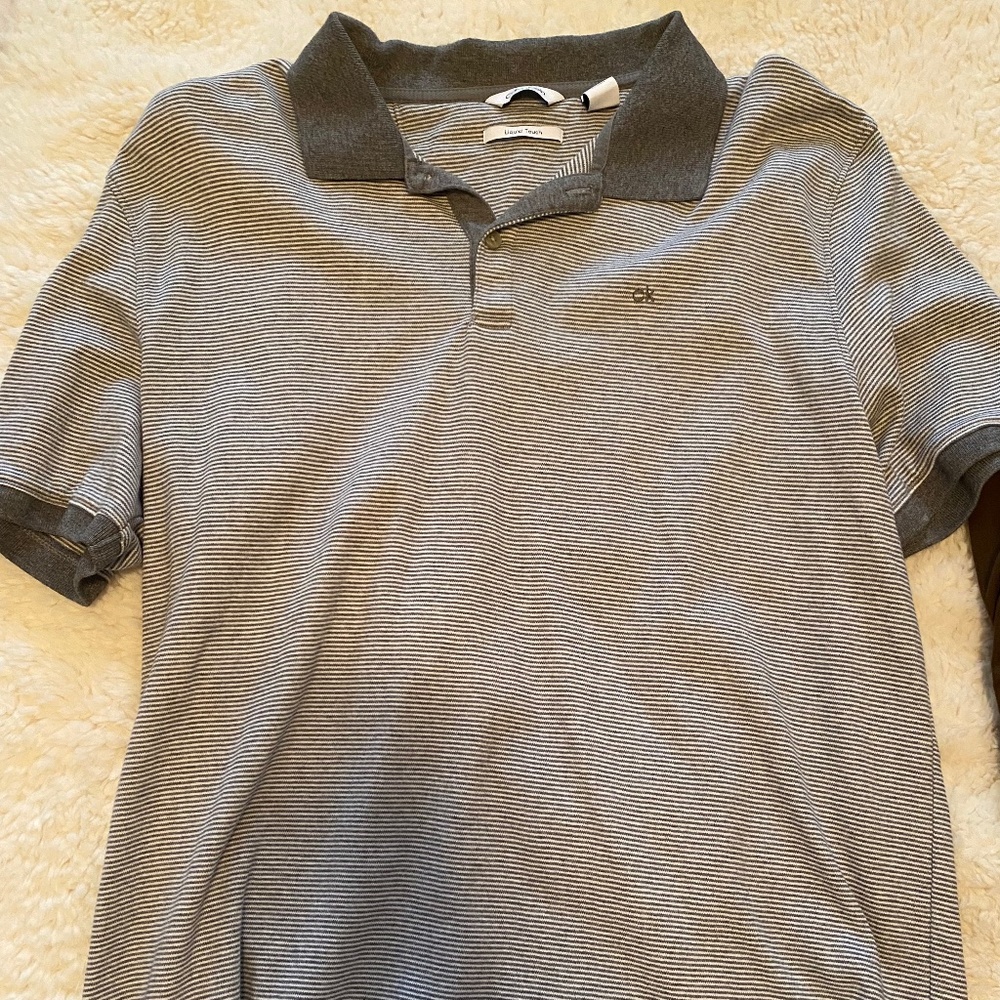 Calvin Klein grey and white stripe polo